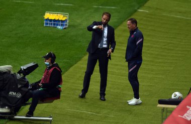 WARsaw, POLAND - 08 Eylül 2021: Dünya Kupası 2022 Katar eleme derecesi Polonya - İngiltere, Gareth Southgate teknik direktörü (İngiltere) 