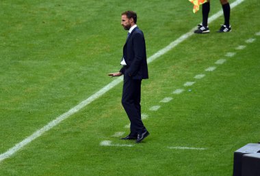 WARsaw, POLAND - 08 Eylül 2021: Dünya Kupası 2022 Katar eleme derecesi Polonya - İngiltere, Gareth Southgate teknik direktörü (İngiltere) 