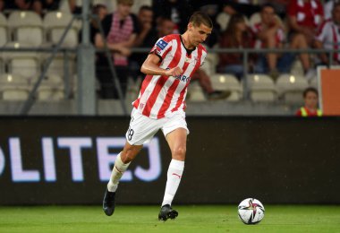CRACOV, POLAND - AUGust 01, 2021: Polonya Futbol Ligi oyunu Krakovia Krakow - Slask Wroclaw, Matej Rodin (Krakovia) 