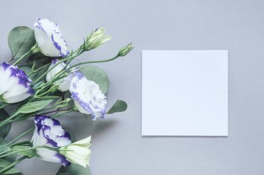 Pastel arka planda beyaz kart notuyla güzel bir çiçek buketi. Doğa konsepti. Yaz çiçekli kompozisyon. Üst Manzara. Düz yatıyordu.