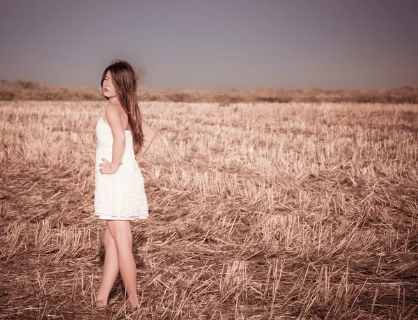 Dziewczyna z długimi włosami w białej sukni pozowanie w polu lato — Zdjęcie stockowe