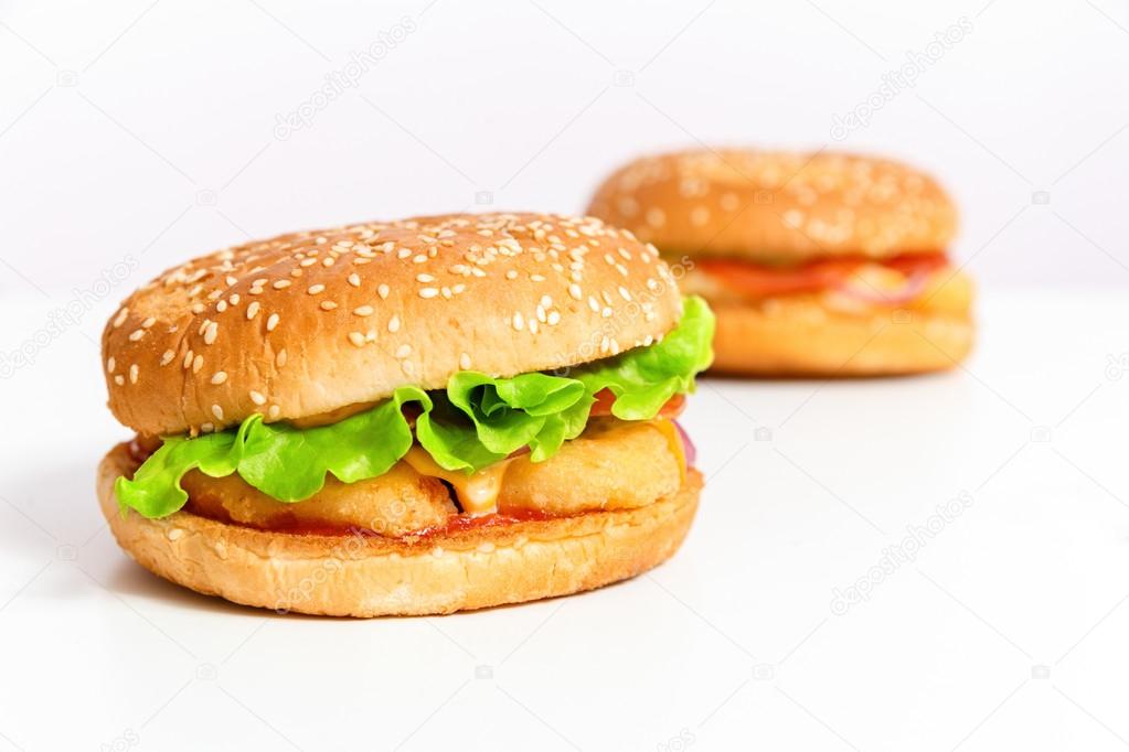 close up of hamburgers or cheeseburgers