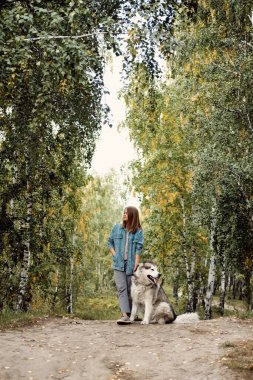 Genç kız ve köpeği Alaska Malamute, Sonbaharda açık havada. Evcil hayvan