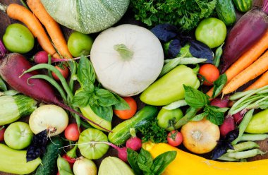 Tahta karatahtanın üstündeki bahçelerden taze hasat. Havuç, domates, biber, salatalık, soğan, kabak, turp, maydanoz..