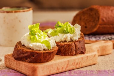 Süzme peynirli ve yeşil salatalı sağlıklı Çavdar Sandviçi. Kolay kahvaltı fikri. Yan görünüm, stok fotoğrafı.