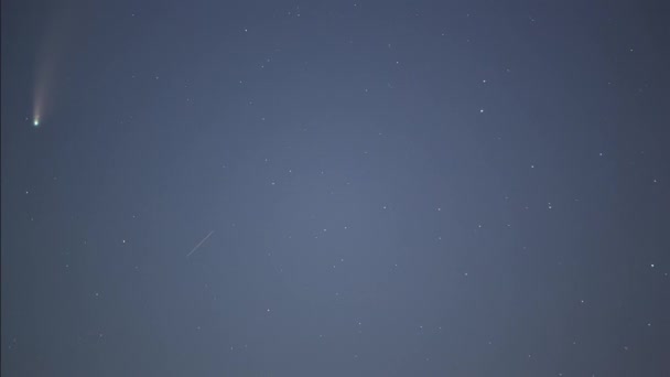 Nocne Gwiaździste Niebo Spadającymi Gwiazdami Jasną Kometą Timelapse — Wideo stockowe