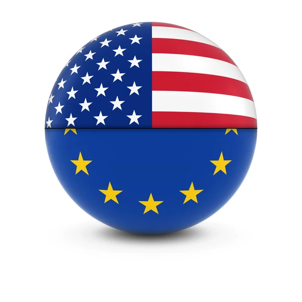 Bandera americana y europea - Banderas divididas de los Estados Unidos y la UE —  Fotos de Stock