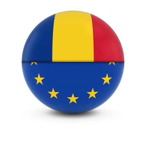 Ballo della bandiera rumena ed europea Bandiere divise della Romania e dell'UE — Foto Stock