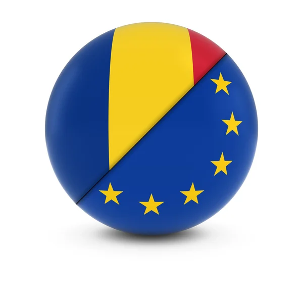 Roemeense en Europese vlag bal - Split vlaggen van Roemenië en de Eu — Stockfoto
