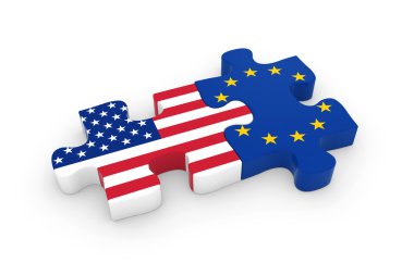 Bize ve AB Puzzle parçaları - Amerikalı ve Avrupalı bayrak Yapboz 3d çizim