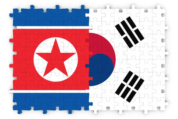 Immagine del concetto di relazioni sudcoreane e nordcoreane Bandiere della Corea del Sud e della Corea del Nord Puzzle — Foto Stock