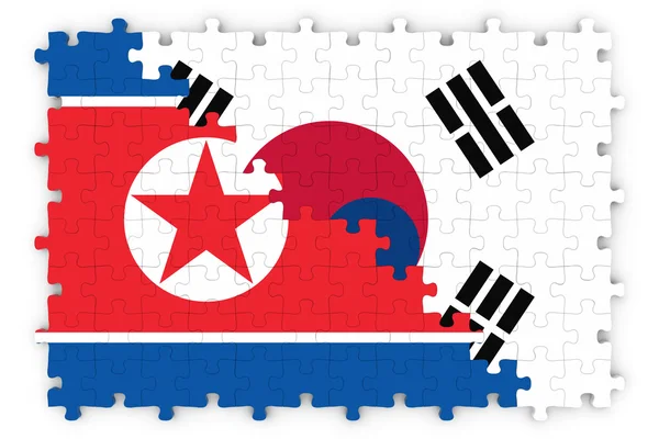 Immagine del concetto di relazioni sudcoreane e nordcoreane Bandiere della Corea del Sud e della Corea del Nord Puzzle — Foto Stock
