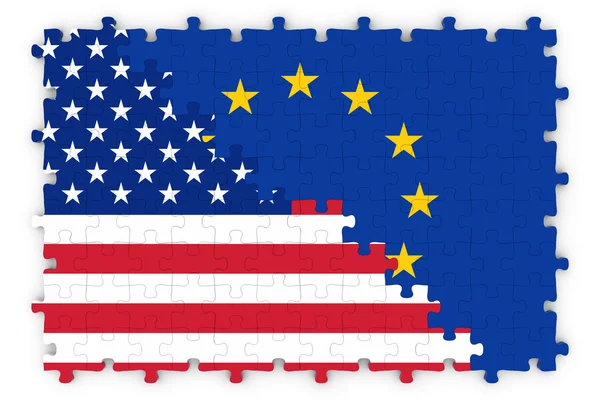 Imagen del concepto de relaciones europeas y americanas - Banderas de la Unión Europea y Estados Unidos de América Jigsaw Puzzle — Foto de Stock