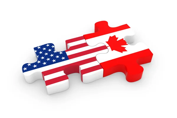 Puzzle parçaları - bizi ve Kanada Amerika ve Kanada bayrağı Yapboz 3d çizim