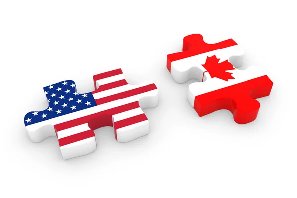 Oss och Canada pusselbitar - amerikanska och kanadensiska flagga pussel 3d Illustration — Stockfoto