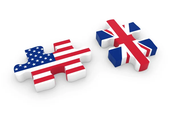 Piezas de rompecabezas de EE.UU. y Reino Unido - American and British Flag Jigsaw 3D Illustration —  Fotos de Stock