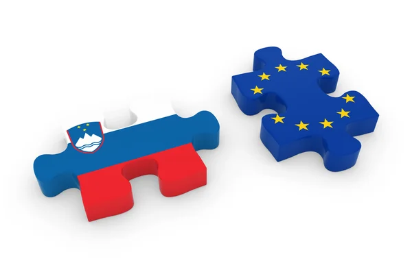 Slovenia and EU Puzzle Pieces - Slovenian and European Flag Jigsaw 3D Illustration — Stock Photo, Image