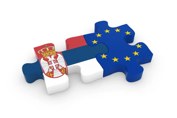 Servië en de Eu raadselstukken - Servische en Europese vlag Jigsaw 3d illustratie — Stockfoto