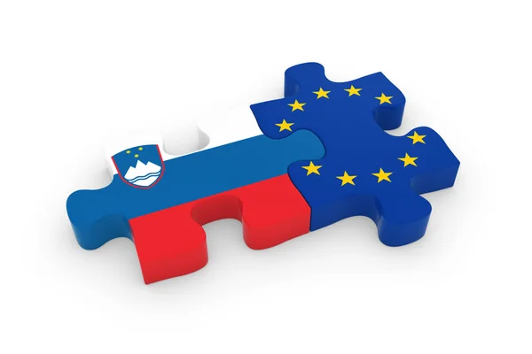 Slovenia and EU Puzzle Pieces - Slovenian and European Flag Jigsaw 3D Illustration — Stock Photo, Image