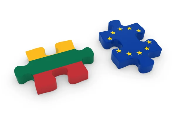Lituania y piezas de rompecabezas de la UE - Lituania y la bandera europea Jigsaw 3D Ilustración — Foto de Stock