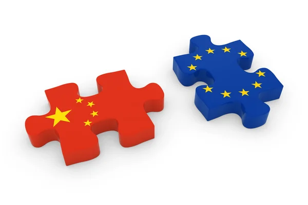 Pezzi di puzzle Cina e UE - Illustrazione 3D della bandiera cinese ed europea — Foto Stock