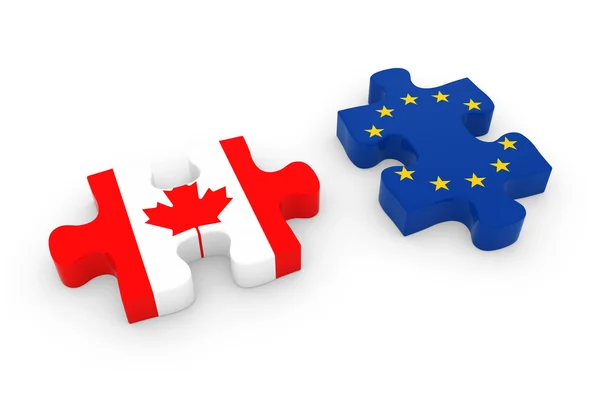Canadá e peças de quebra-cabeça da UE - Canadian and European Flag Jigsaw 3D Illustration — Fotografia de Stock