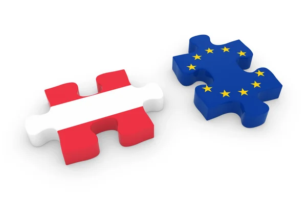 Austria și EU Puzzle Pieces - Austrian and European Flag Jigsaw 3D Illustration — Fotografie, imagine de stoc