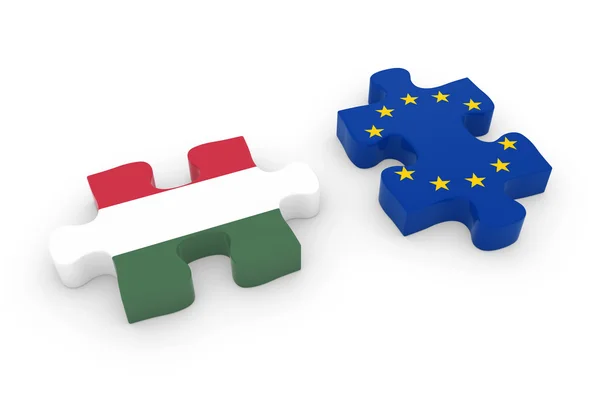 Ουγγαρία και κομμάτια του παζλ της ΕΕ - ουγγρική και ευρωπαϊκή σημαία παζλ 3d απεικόνιση — Φωτογραφία Αρχείου