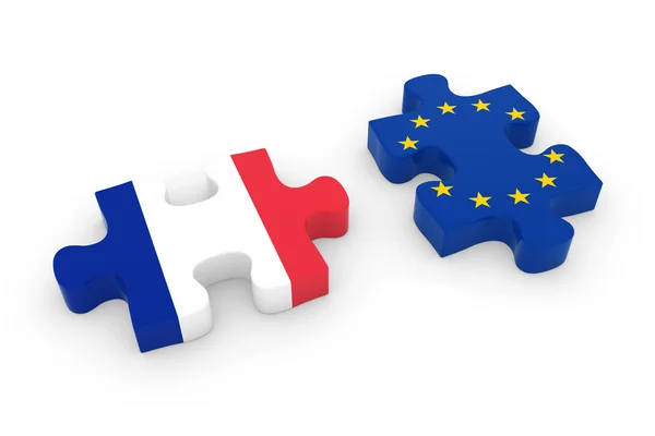 France and EU Puzzle Pieces - French and European Flag Jigsaw 3D Illustration — Stock Photo, Image