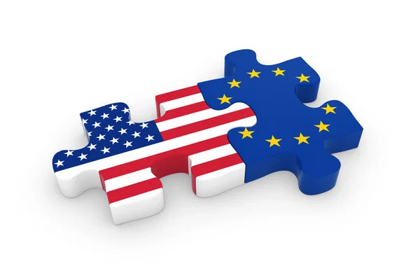 Ons en Eu raadselstukken - Amerikaanse en Europese vlag Jigsaw 3d illustratie — Stockfoto