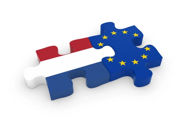 Nederland en Eu raadselstukken - Nederlandse en Europese vlag Jigsaw 3d illustratie — Stockfoto