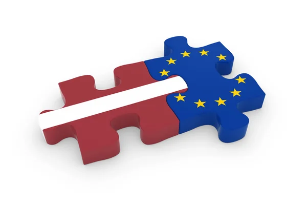 Letland en Eu raadselstukken - Letse en Europese vlag Jigsaw 3d illustratie — Stockfoto