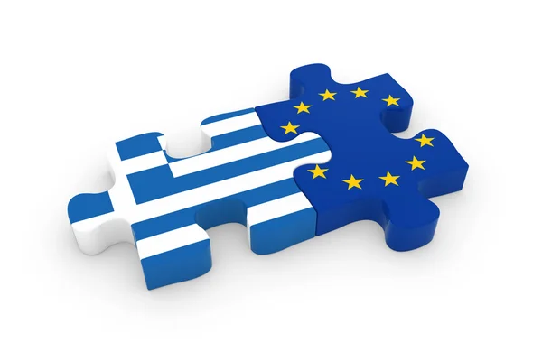 Grecia e UE Puzzle Pezzi - Bandiera greca ed europea Jigsaw 3D Illustration — Foto Stock