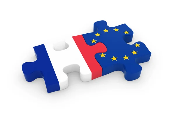 Γαλλία και κομμάτια του παζλ της ΕΕ - γαλλική και ευρωπαϊκή σημαία παζλ 3d απεικόνιση — Φωτογραφία Αρχείου