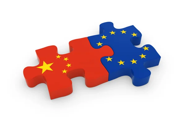 China en de Eu raadselstukken - Chinese en Europese vlag Jigsaw 3d illustratie — Stockfoto