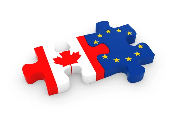 Canadá e peças de quebra-cabeça da UE - Canadian and European Flag Jigsaw 3D Illustration — Fotografia de Stock