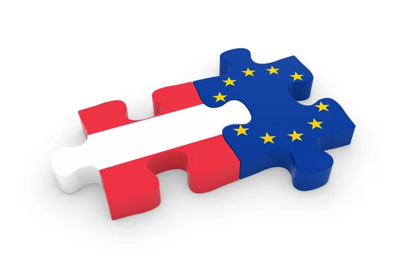 Austria și EU Puzzle Pieces - Austrian and European Flag Jigsaw 3D Illustration — Fotografie, imagine de stoc