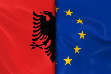 Arnavutluk ve Avrupa Birliği Split Arnavut bayrak ve AB bayrağı ipeksi dokusu ile orta - 3d Render aşağı bayrakları