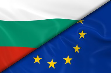 Bulgaristan ve Avrupa Birliği Bayrakları Çapraz Bölünmüş - 3d Render Bulgar Bayrağı ve İpeksi Doku ile Avrupa Bayrağı