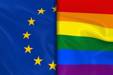 Gay gurur ve AB Split aşağı orta - 3d Render Gay Pride Gökkuşağı bayrağı ve ipeksi dokusu ile Avrupa Birliği bayrağı bayrakları