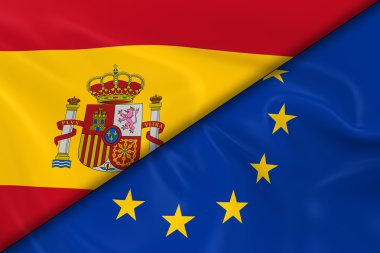 İspanya ve Avrupa Birliği Bayrakları Çapraz Bölünmüş - İpeksi Doku ile İspanyol Bayrağı ve Avrupa Bayrağı 3d Render