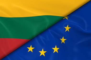 Litvanya ve Avrupa Birliği Bayrakları Diyagonally Bölünmüş - 3d Render Litvanya Bayrağı ve İpeksi Doku ile Avrupa Bayrağı