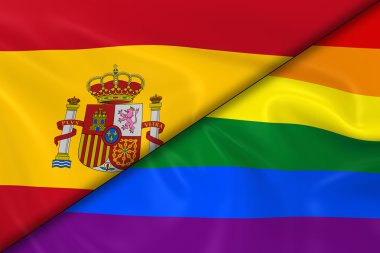 Gay Pride ve İspanya Bayrakları Diyagonally Bölünmüş - 3d Render Gay Pride Rainbow Bayrak ve İpeksi Doku ile İspanyol Bayrağı
