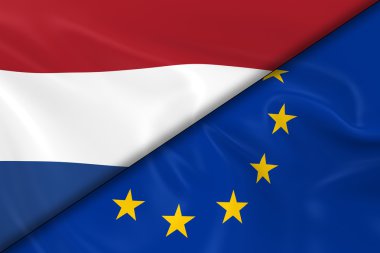 Hollanda ve Avrupa Birliği Bayrakları Çapraz Bölünmüş - 3d Render Hollanda Bayrağı ve İpeksi Doku ile Avrupa Bayrağı