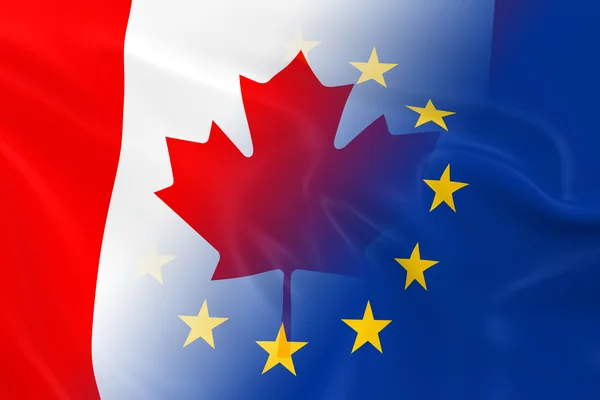 Imagem do conceito de relações canadenses e europeias - Bandeiras do Canadá e da União Europeia desaparecendo juntas — Fotografia de Stock