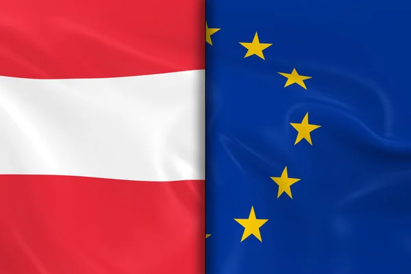 Lijst van vlaggen van Oostenrijk en de splitsing van de Europese Unie van de Midden - 3d Render van de Oostenrijkse vlag en de vlag van de Eu met zijdeachtige textuur — Stockfoto