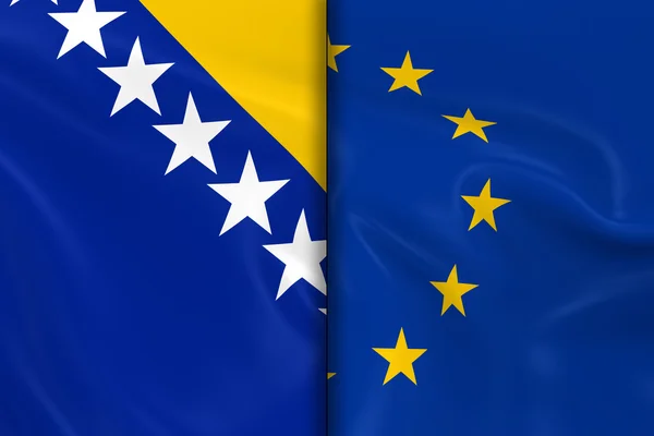 Flagi z Bośni i Hercegowiny i Split Unii Europejskiej dół środkowy Render - 3d Bośni i Hercegowiny Flag i Flaga UE z jedwabista konsystencja — Zdjęcie stockowe