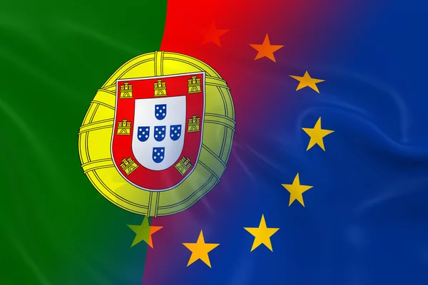 Immagine del concetto di relazioni portoghesi ed europee - Bandiere del Portogallo e dell'Unione europea svaniscono insieme — Foto Stock