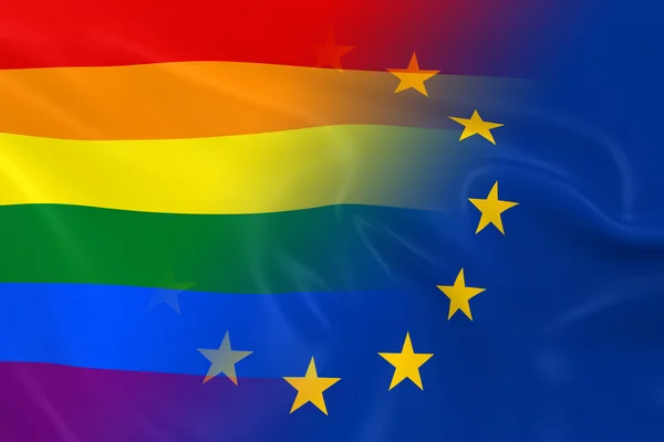 Gay Pride in Europe Concept Image - Gay Pride Le drapeau arc-en-ciel et le drapeau de l'Union européenne disparaissent ensemble — Photo