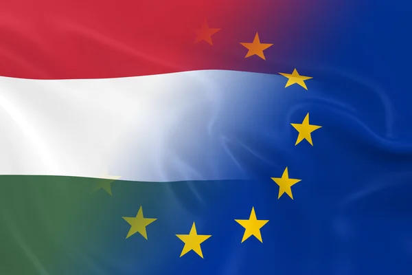 Imagen del concepto de relaciones húngaras y europeas - Banderas de Hungría y la Unión Europea desapareciendo juntas —  Fotos de Stock